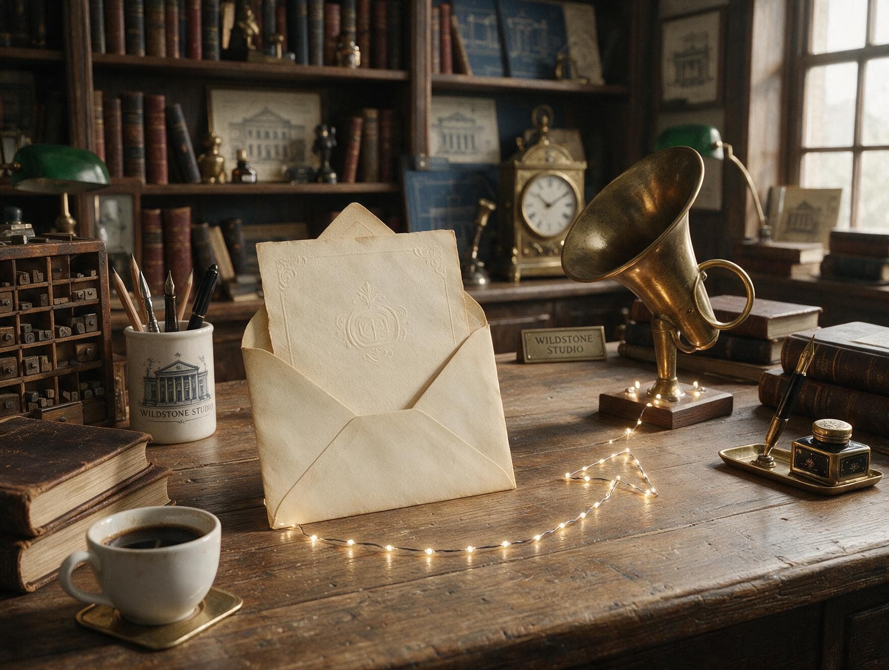 Persuasive letter envelope and brass megaphone for email and ads