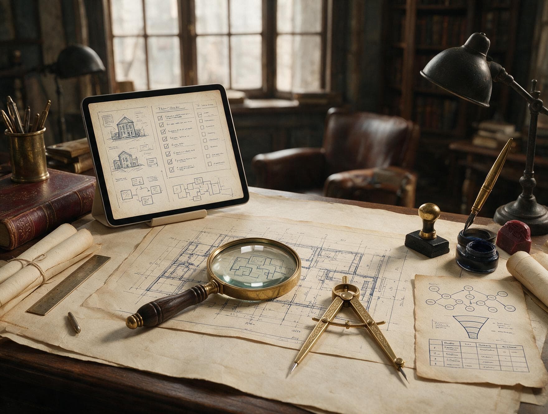 SEO audit checklist tablets and strategy compass on parchment