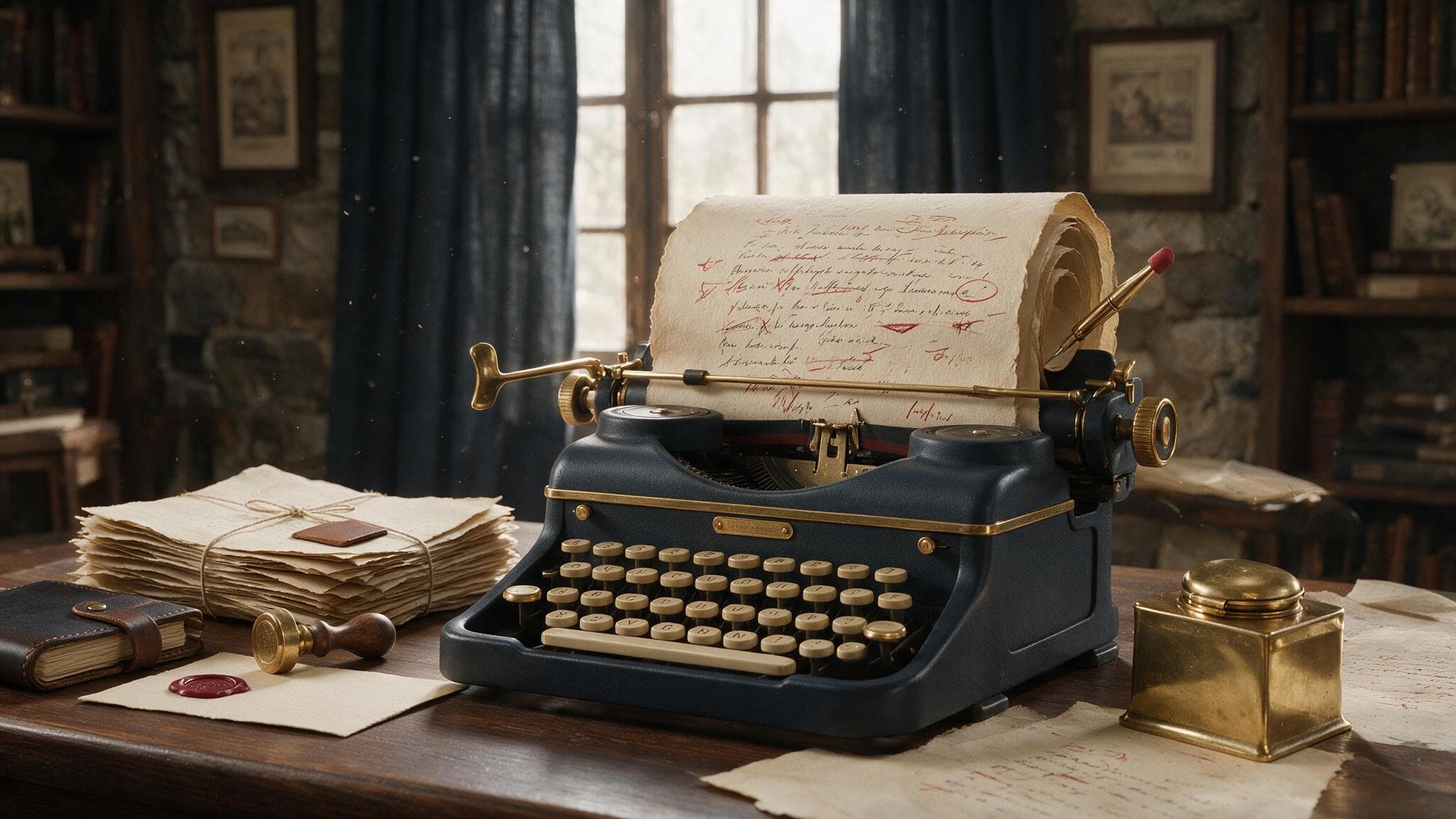 Vintage typewriter with parchment pages and brass inkwell for copywriting