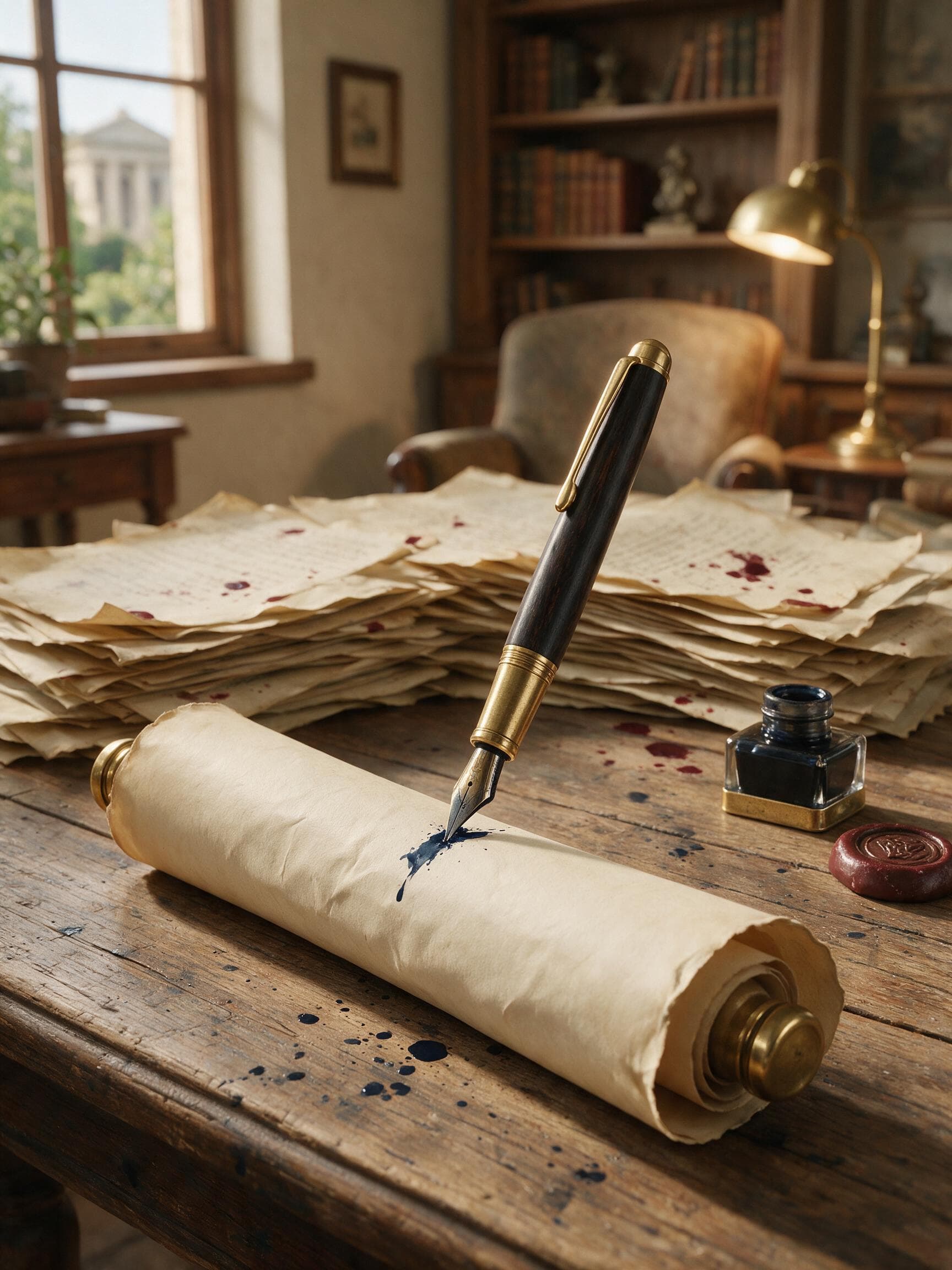 Open notebook with crossed fountain pens on a geometric stone pedestal