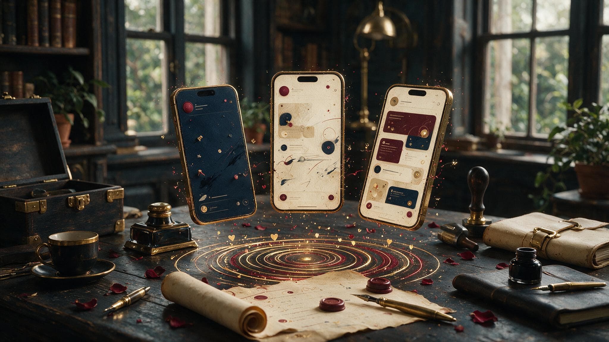 Floating brass-framed phone screens with social feed layouts and content calendar