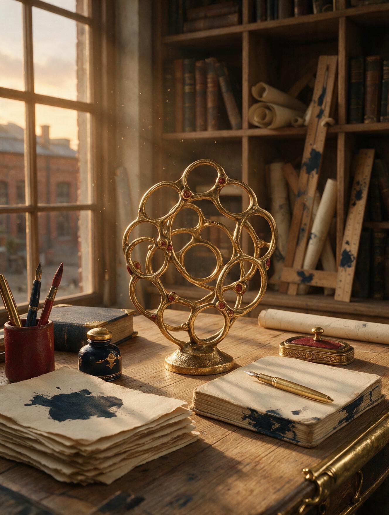 Community circle sculpture with brass engagement nodes for social media