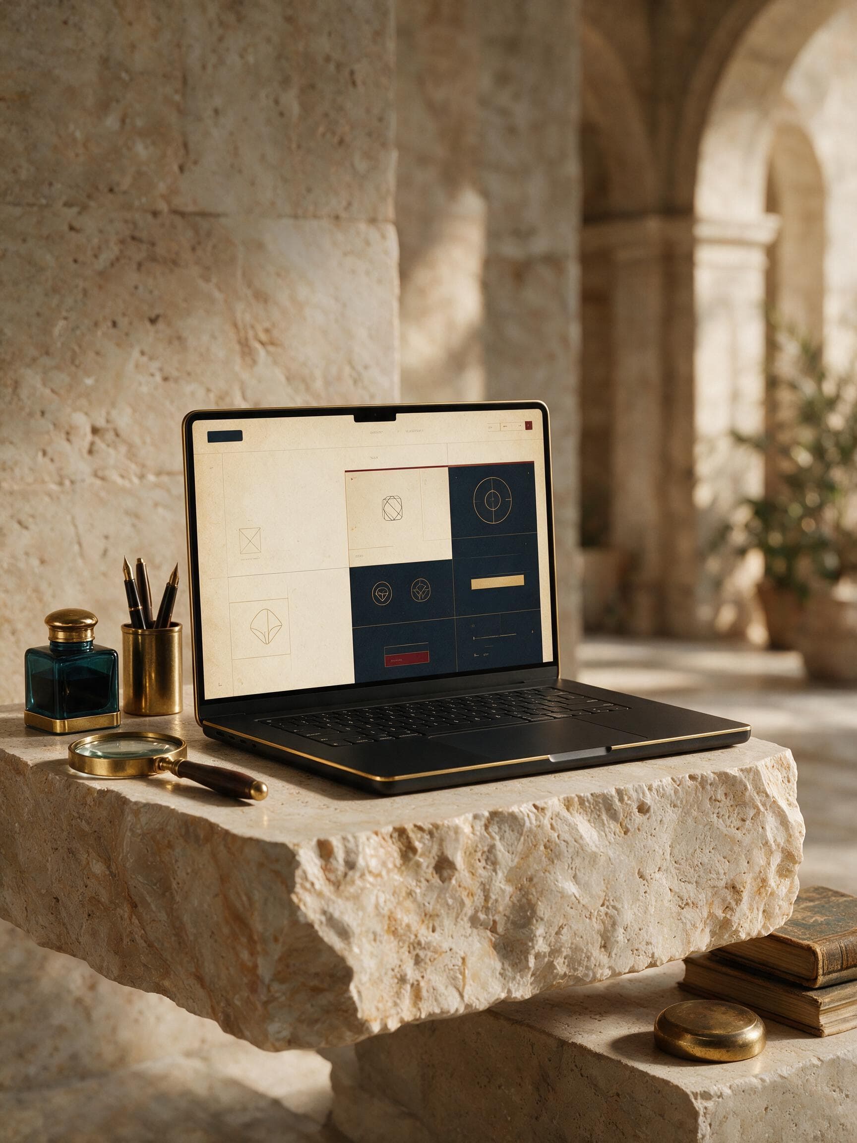 Online web design workspace with website layout on screen