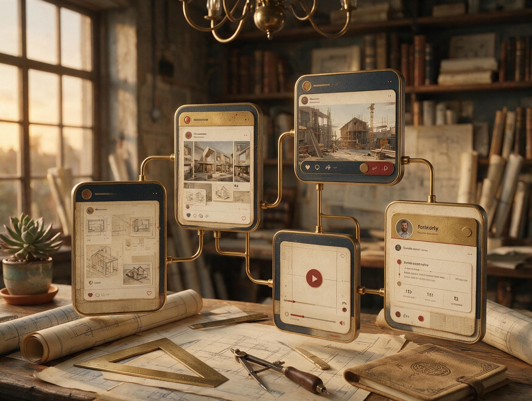 Four floating social platform frames connected by brass strategy links