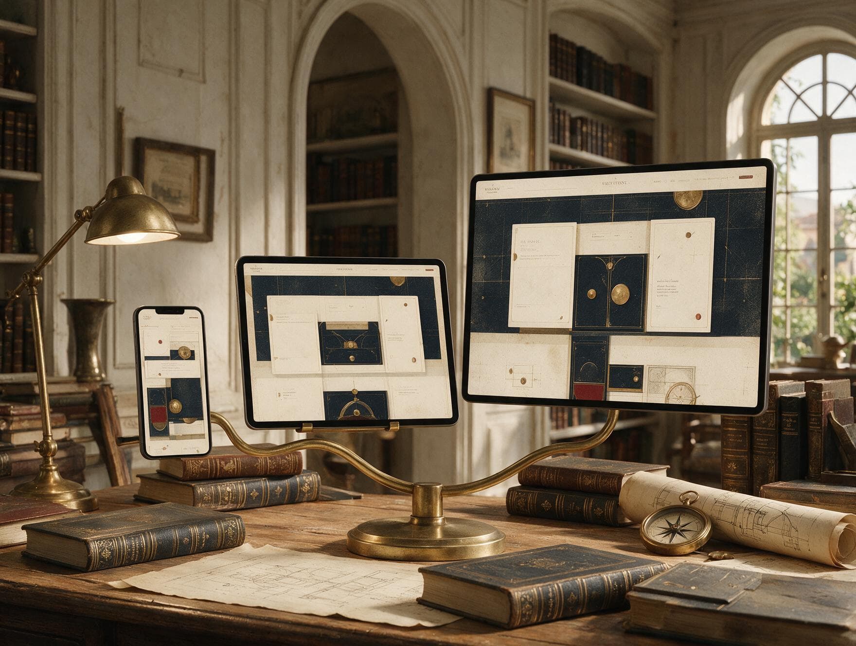 Phone tablet and desktop frames showing responsive layouts