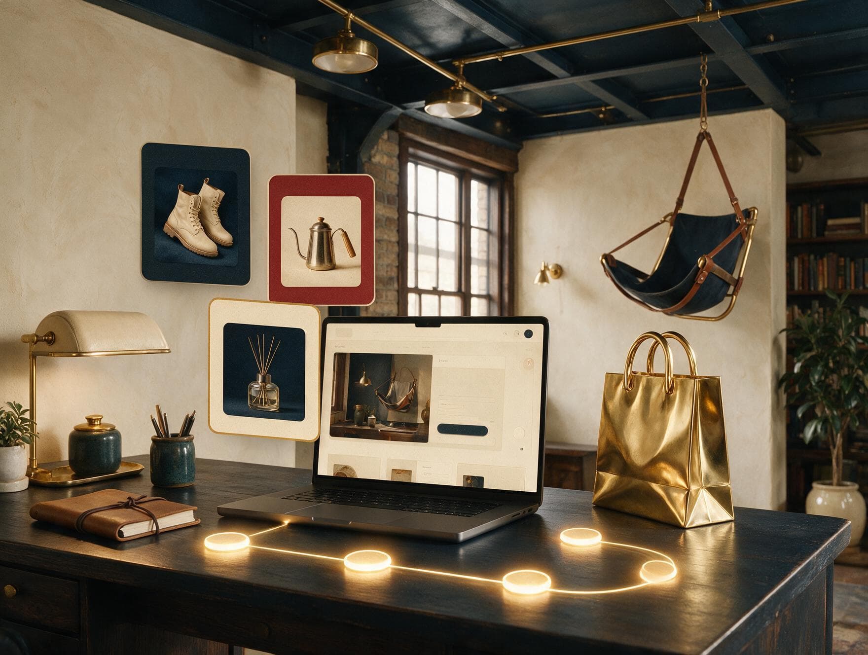Shopify storefront mockup with product cards and checkout path