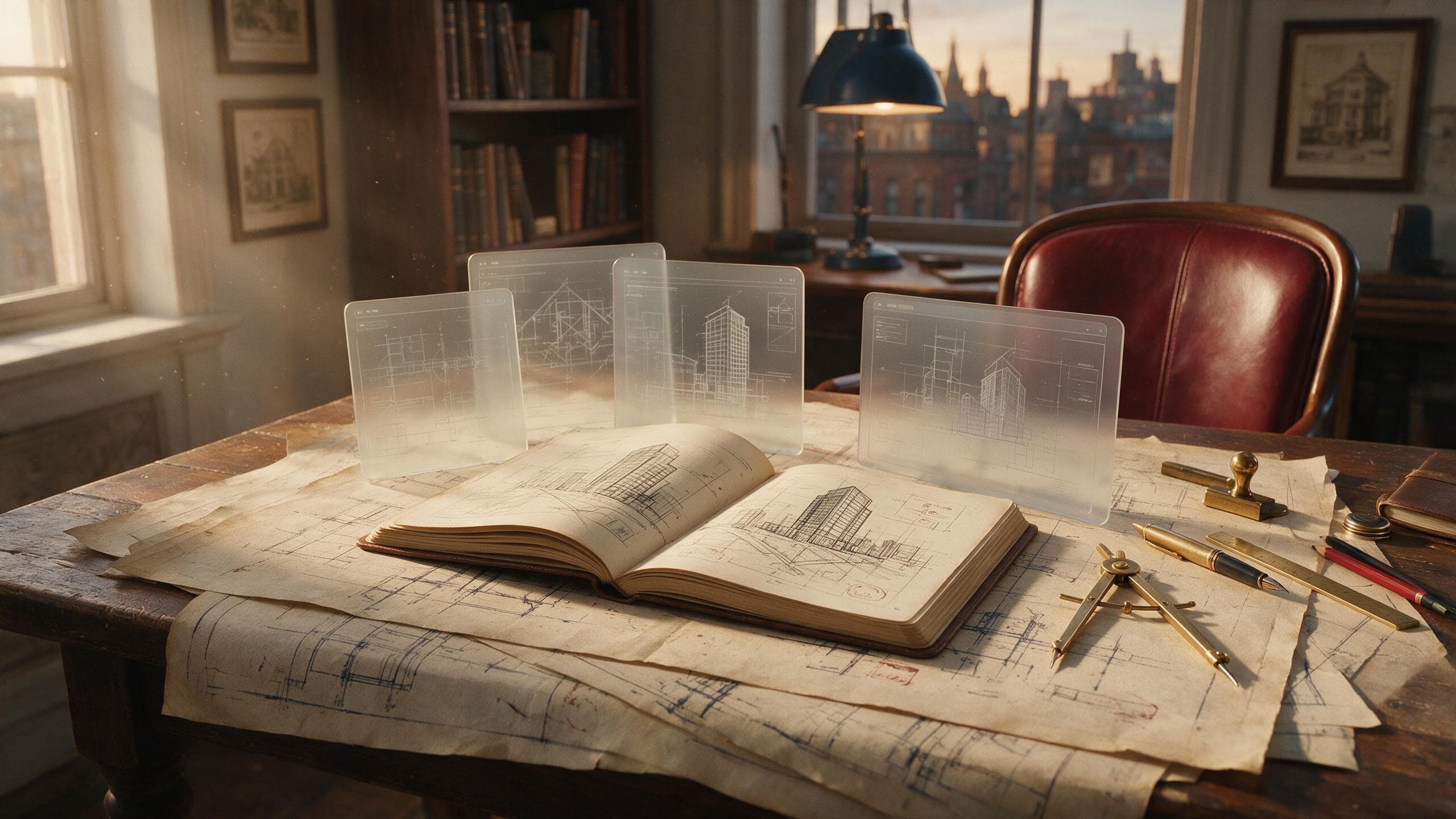 Studio planning scene with notebook, glass panels, and architectural drawings