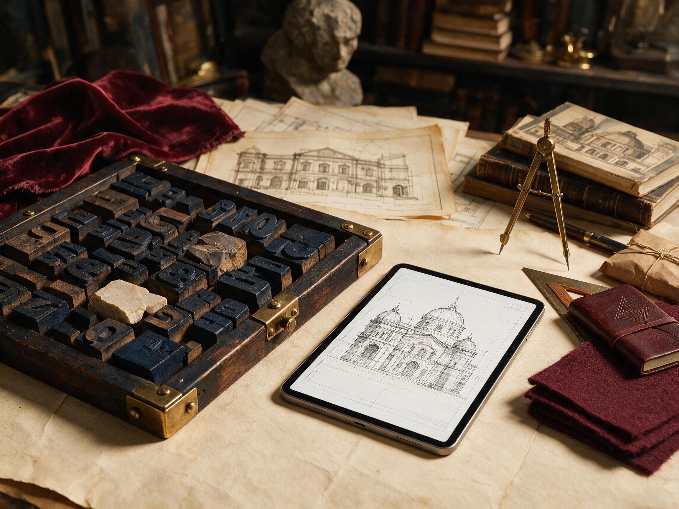 Antique letterpress blocks beside modern tablet on aged parchment