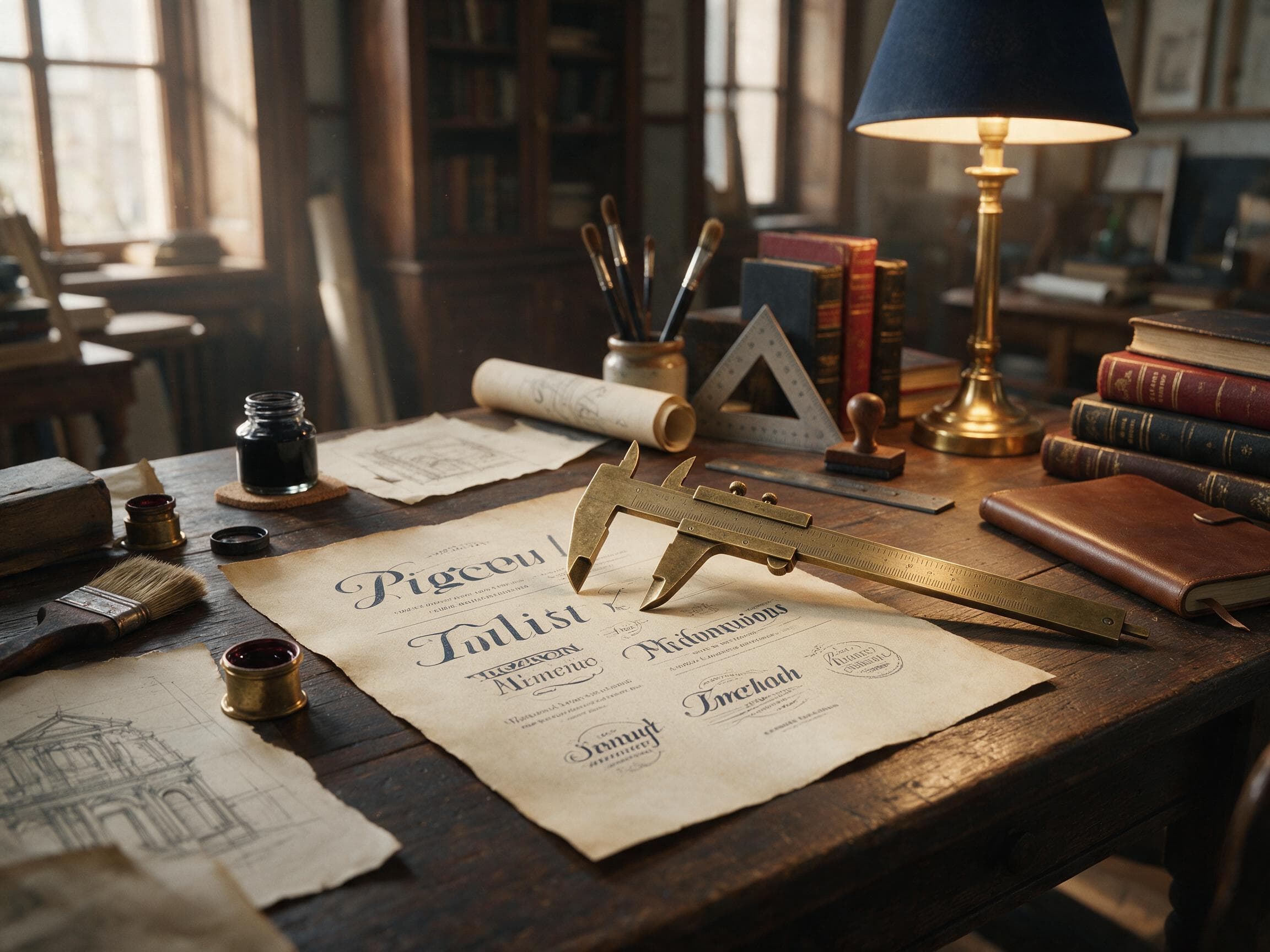 Brass calipers measuring elegant typography specimens on parchment