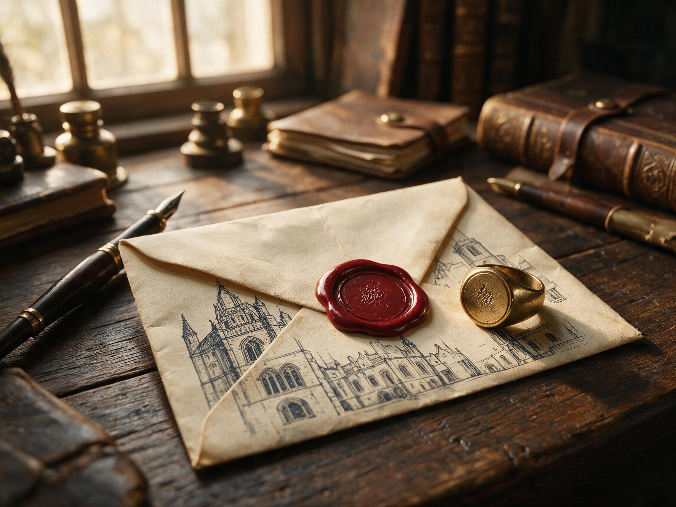 Red wax seal stamp on folded parchment envelope with brass signet ring