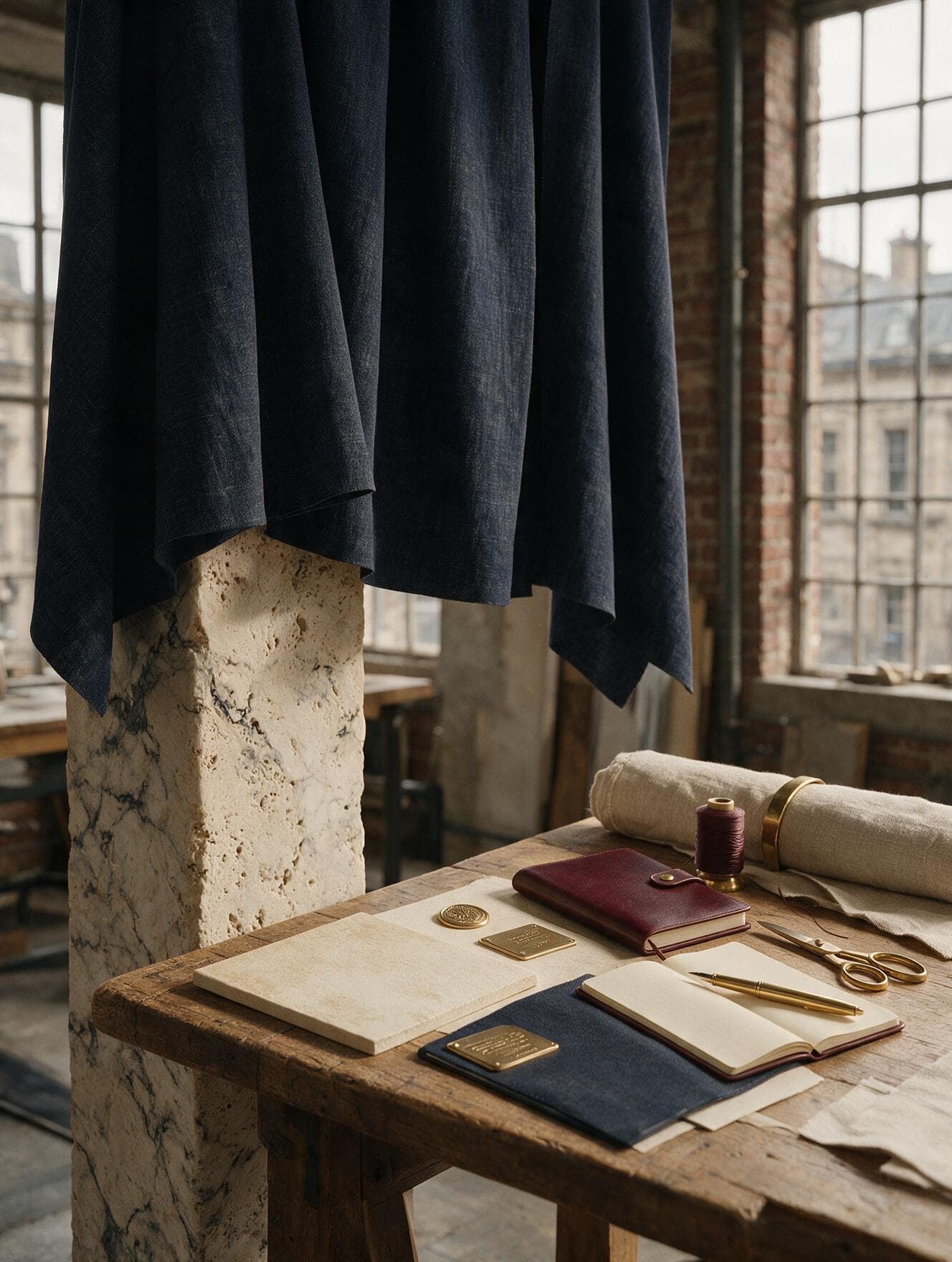 Heritage fashion brand materials with stone pillar and floating fabric panels