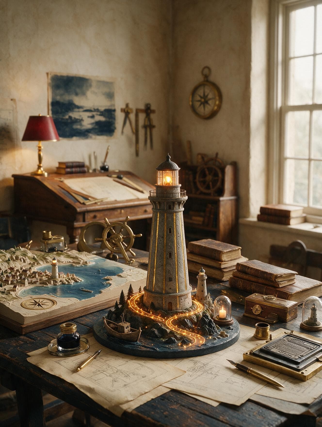 Coastal lighthouse with glowing amber campaign paths