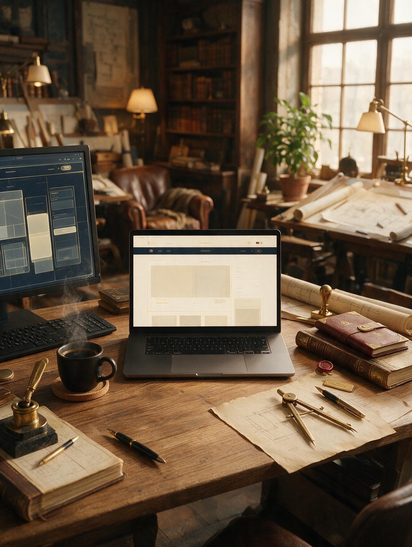 Floating laptop surrounded by translucent UI wireframes and brass accents
