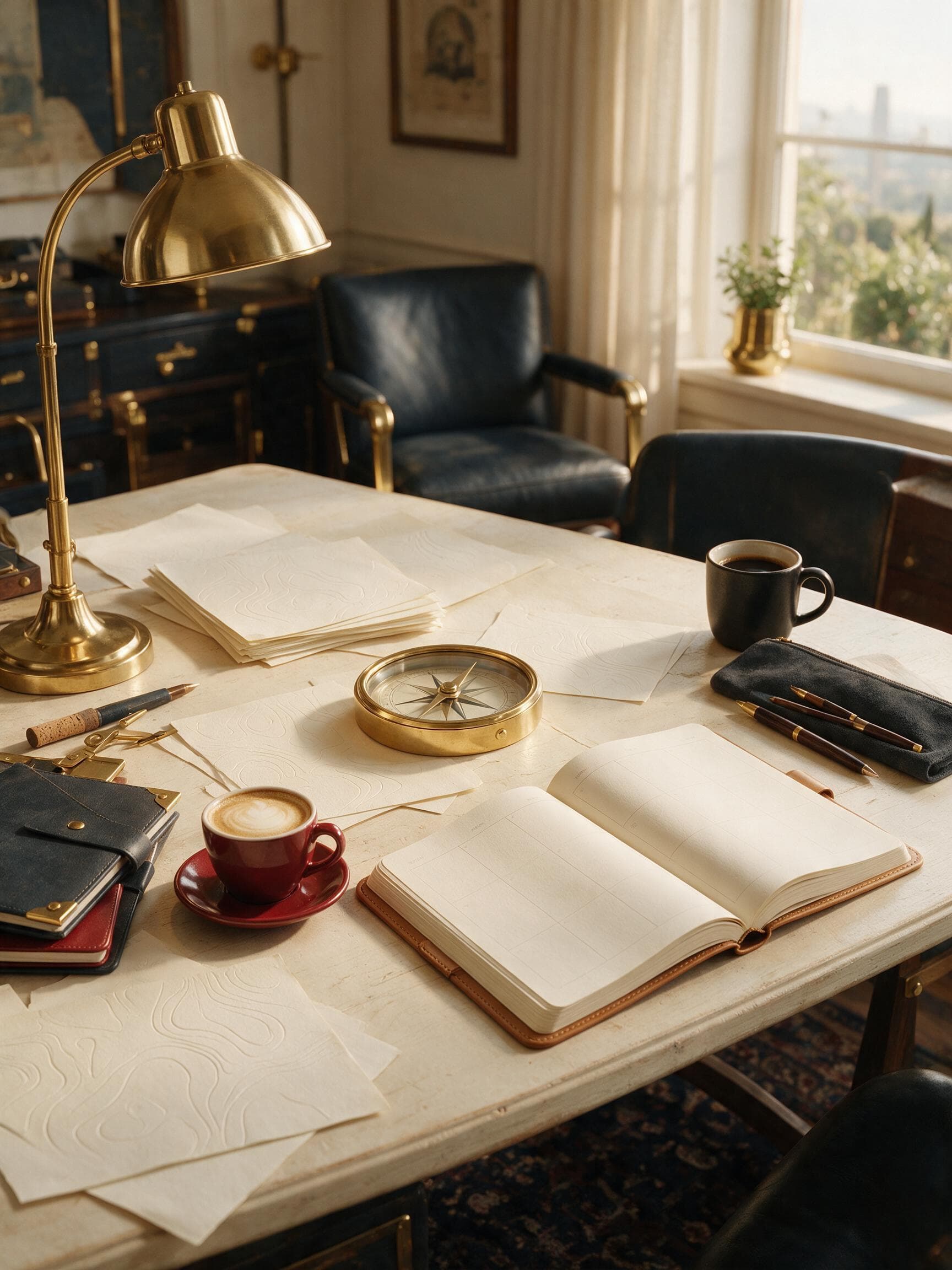 Consultation desk with strategy notes and brass accents