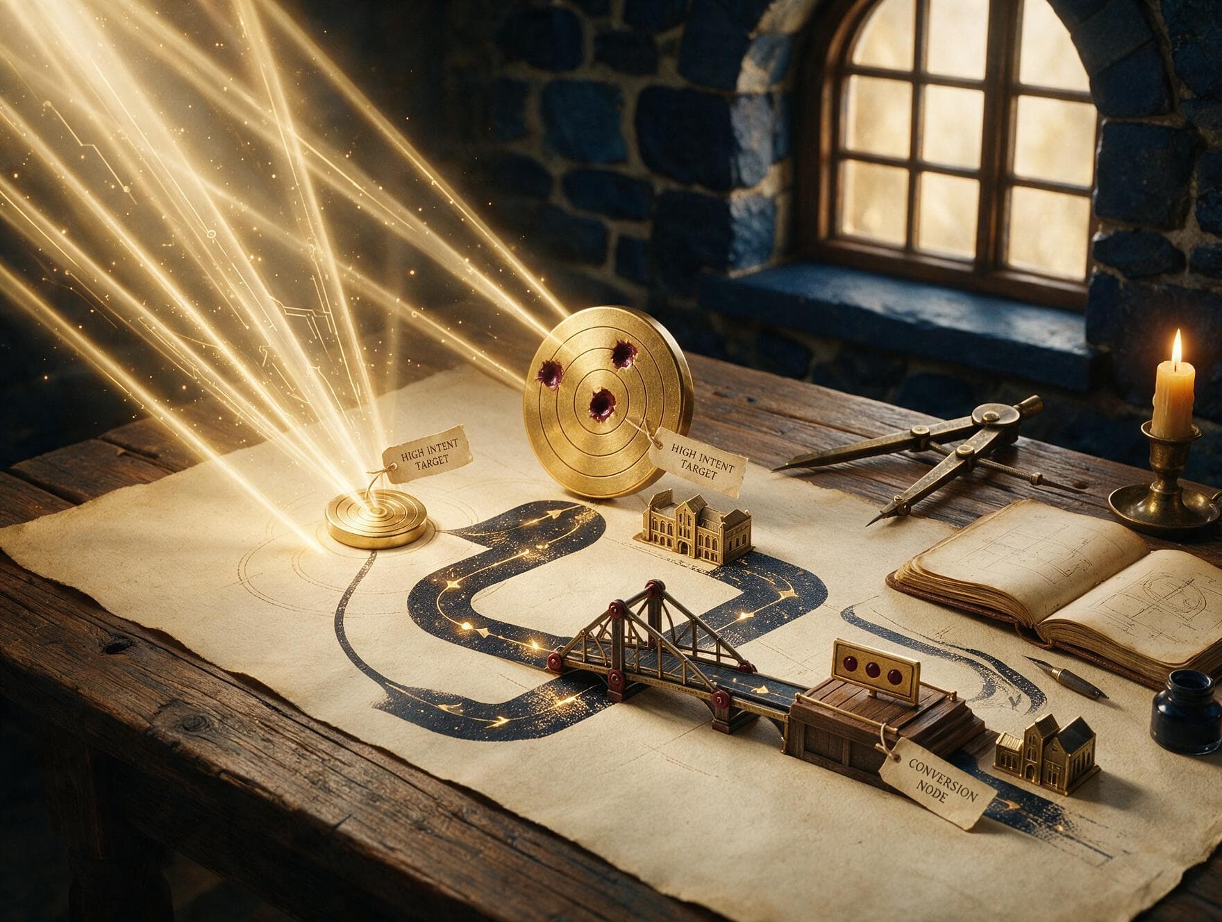 Search beams converging on brass high-intent conversion targets