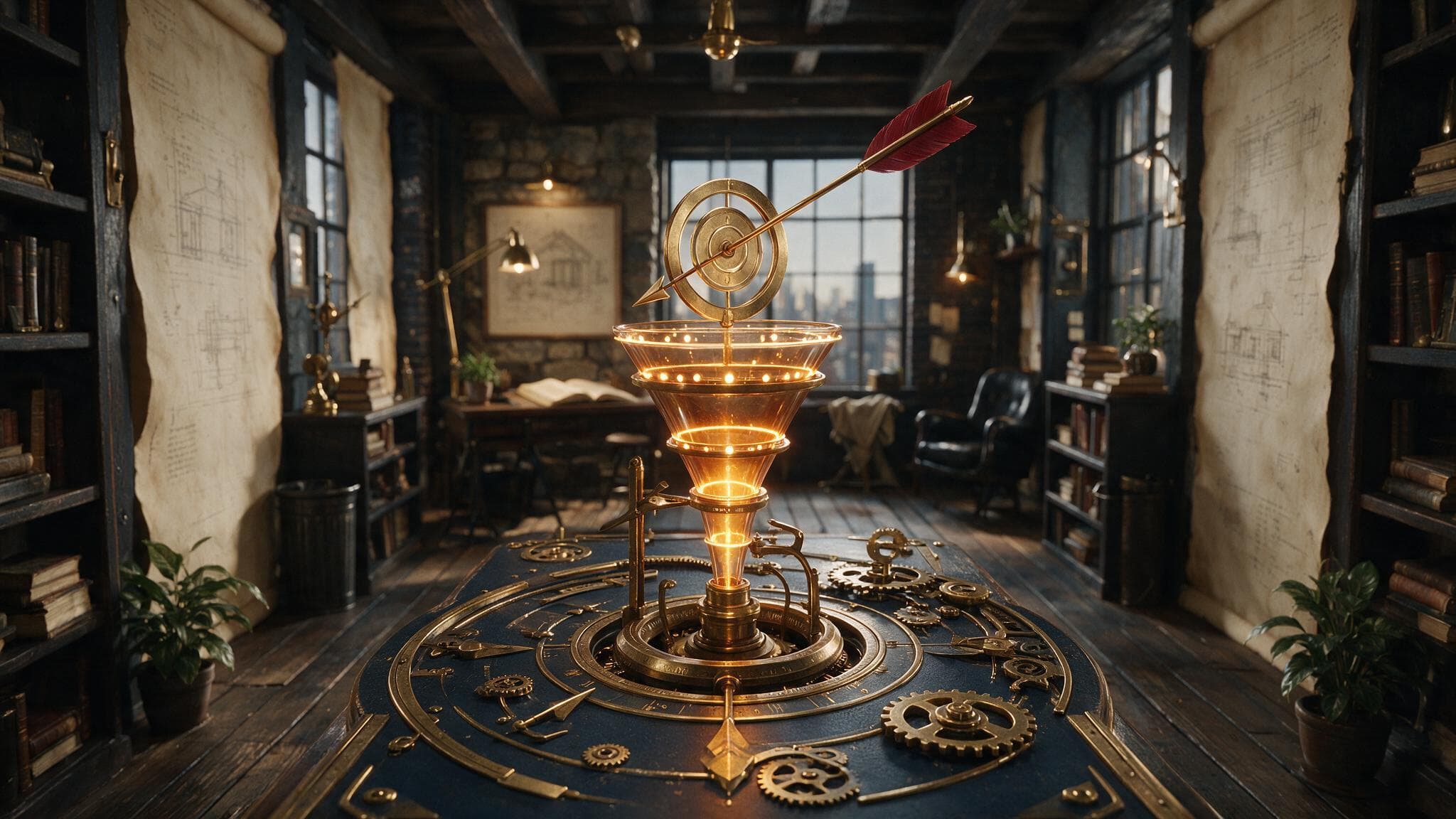 Campaign dashboard with amber conversion funnels and brass target markers